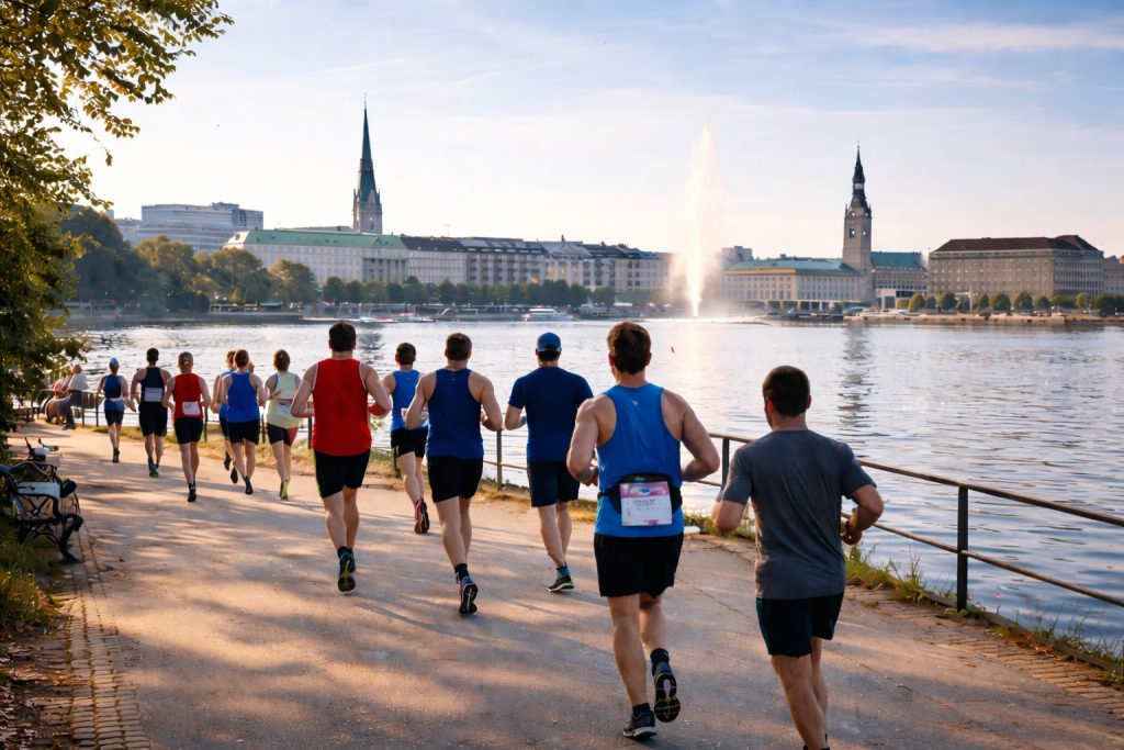 Läufer beim Hamburg Marathon entlang der Außenalster mit Blick auf die Hamburger Innenstadt