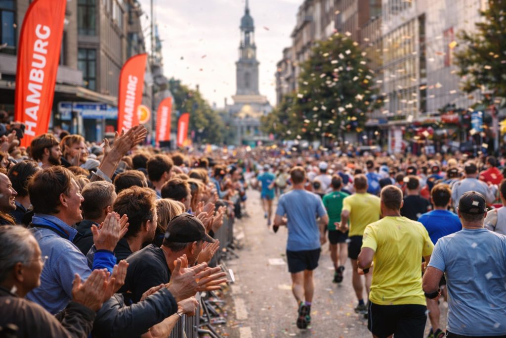 Zuschauer feuern Läufer beim Hamburg Marathon in der Hamburger Innenstadt an