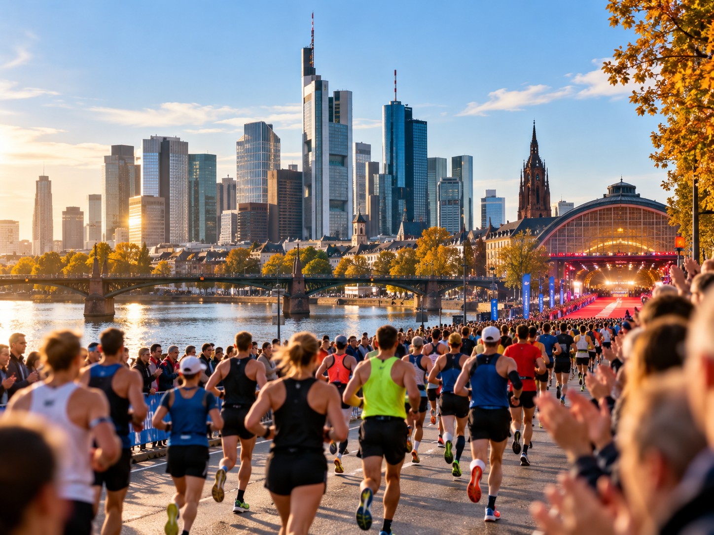 Läufer beim Marathon vor der Frankfurter Skyline