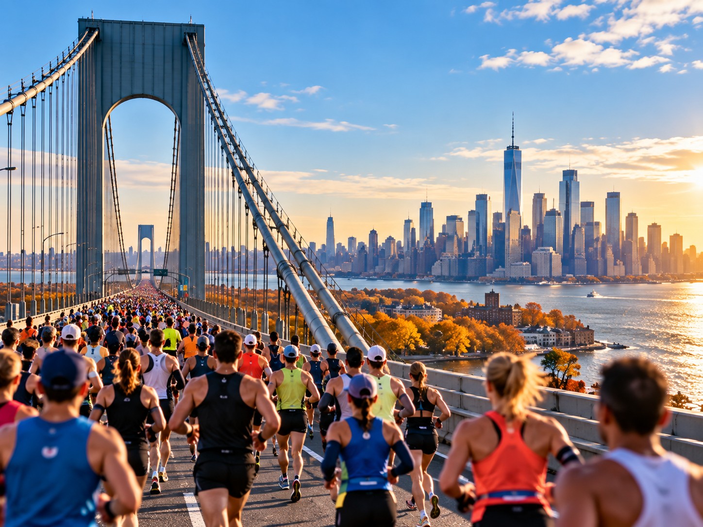 Marathon runners crossing the Verrazzano-Narrows Bridge in New York