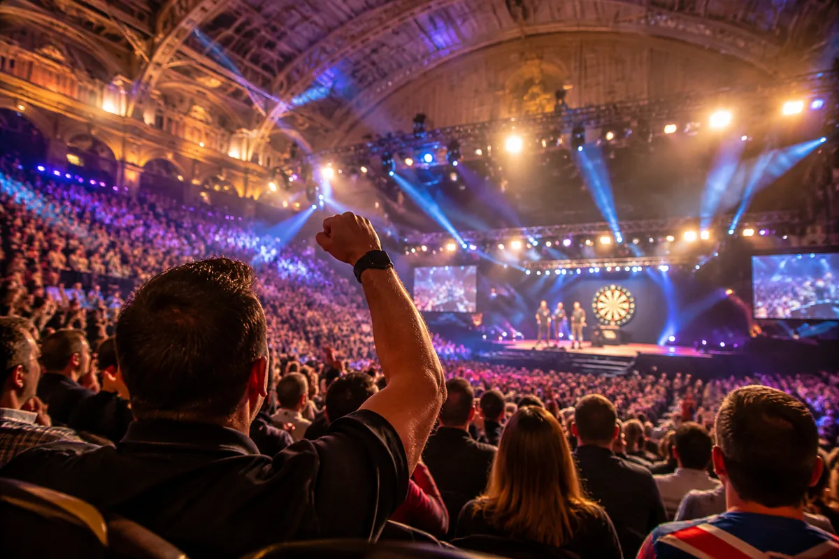 AI-created illustration of a cheering darts championship crowd inside a grand historic indoor arena